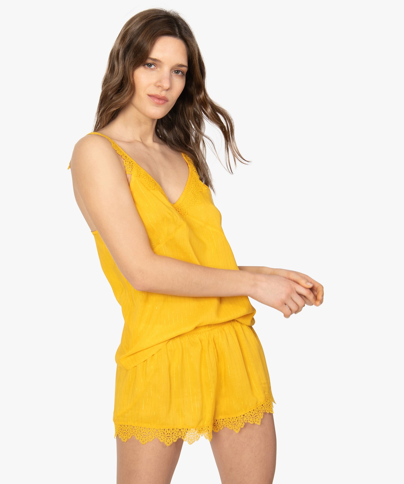 Débardeur femme à bretelles et dentelle jaune | GEMO