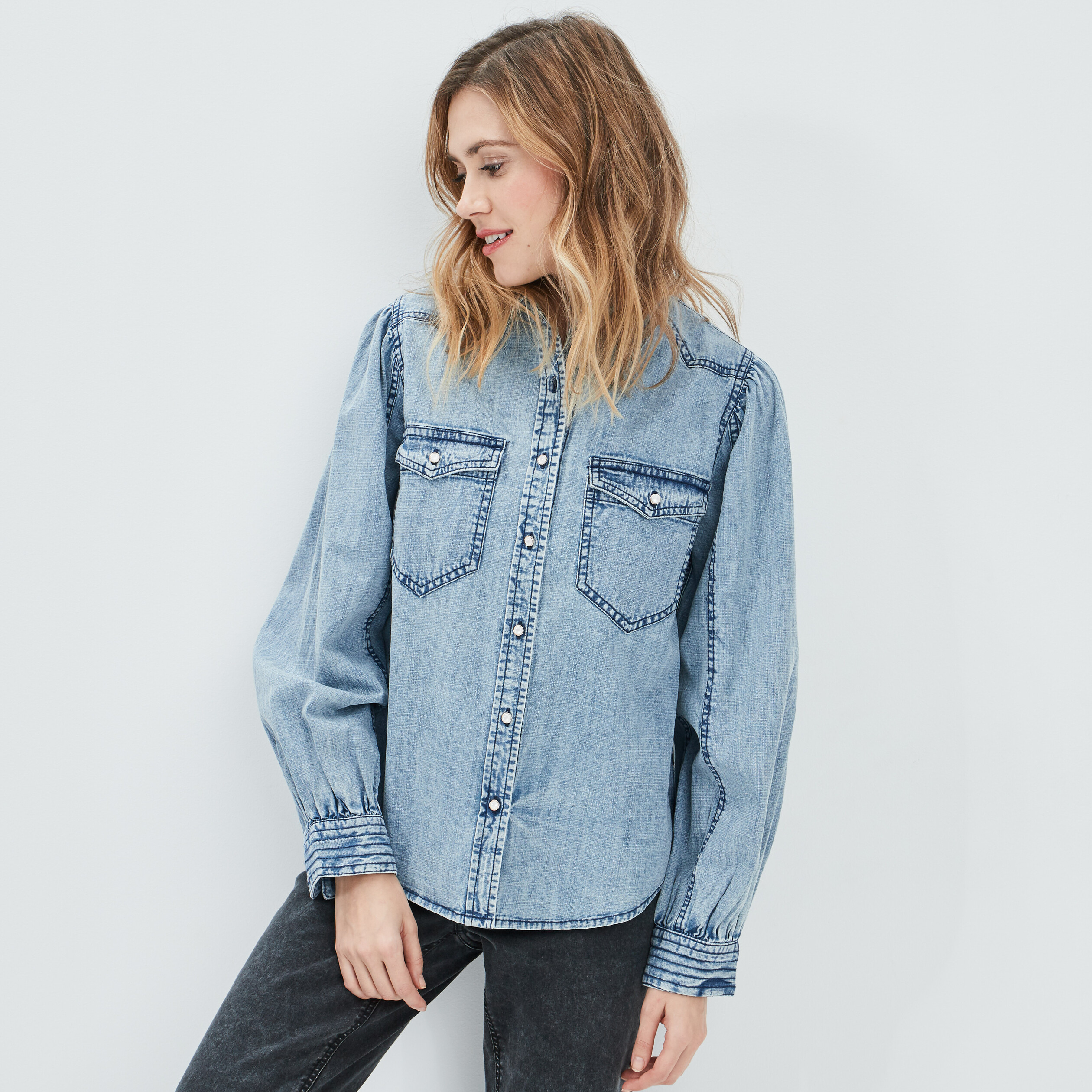 Chemise manches longues denim stone femme | La Halle