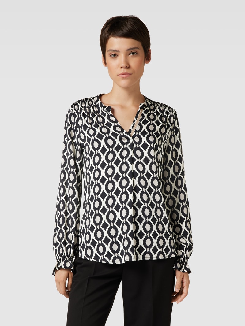 Blusenshirt aus Viskose mit Tunika-Kragen und Smok-Details in schwarz