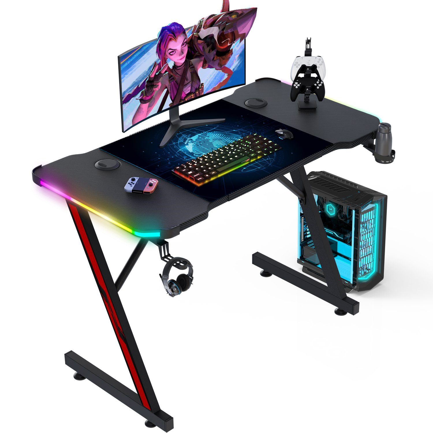 GUNJI Gamingtisch LED-Computertisch 120/140/160cm, mit Becherhalter und Kopfhörerhaken
