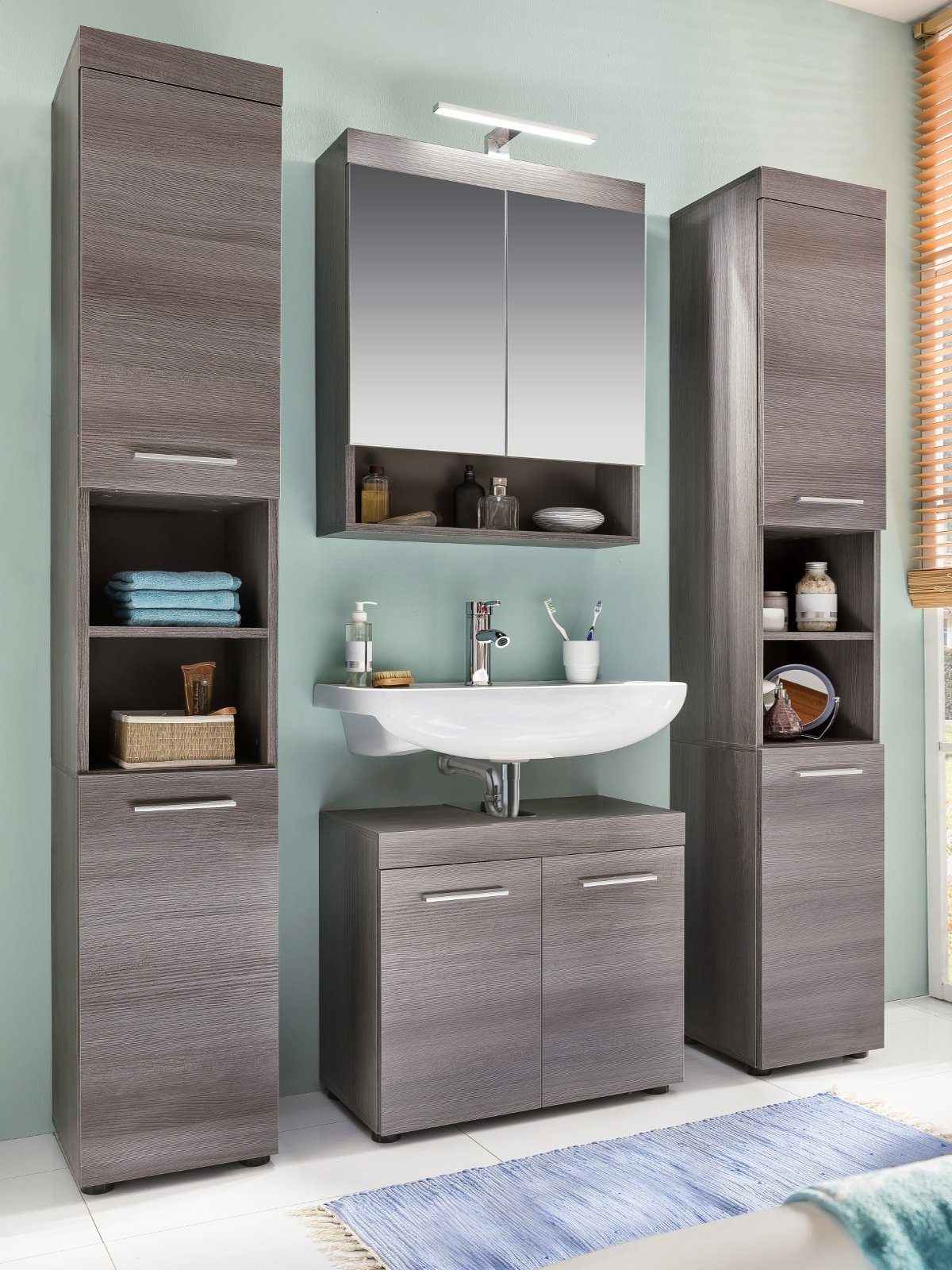 trendteam Badmöbel-Set Runner, (Badezimmer 4-teilig in grau Rauchsilber, 150 x 190 cm), Set mit 2x Hochschrank