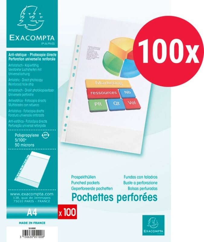 Exacompta Klarsichthüllen DIN A4 Genarbt Transparent 50 Mikron PP (Polypropylen) Oben 5100E 100 Stück