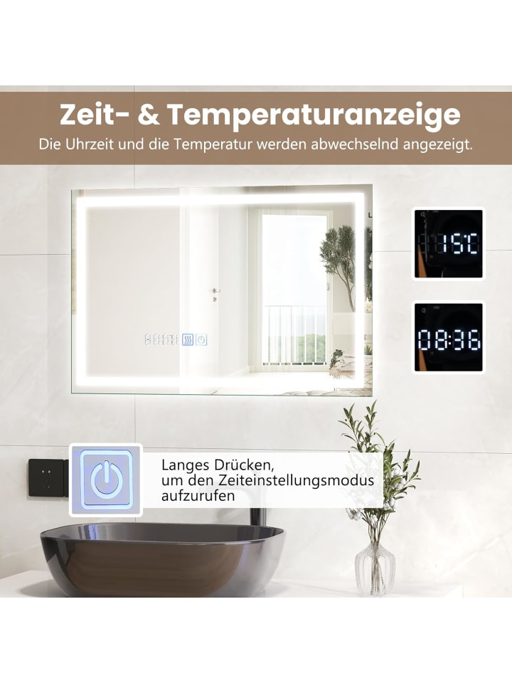 COSTWAY Badspiegel LED 3000-6000K mit Zeitanzeige & Speicherfunktion in Silber günstig kaufen onesize