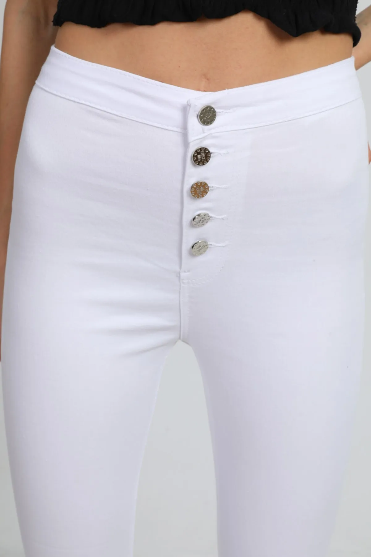 BİKELİFE  Weiße Damen-Leggings mit hoher Taille und schmalem Bein und Knöpfen