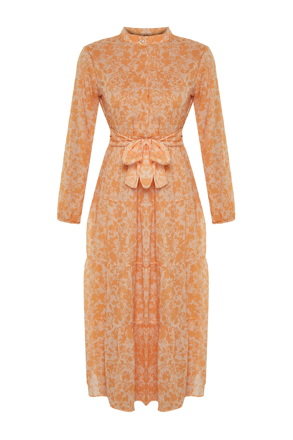 Trendyol Modest  Hellorange gemustertes Chiffon-Webkleid mit hohem Kragen und gefüttertem Gürtel TCTSS21EL3346