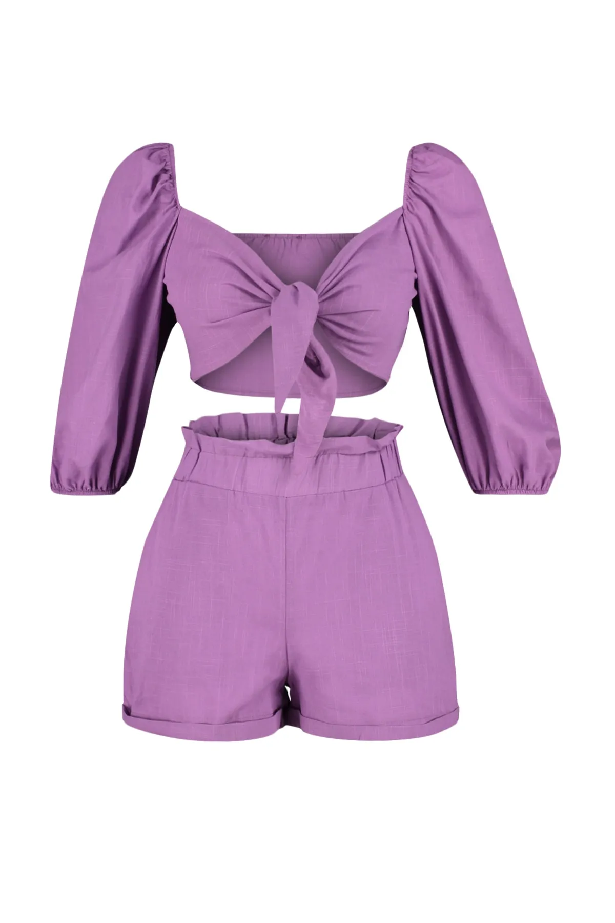 Trendyol Collection  Lilafarbenes, gewebtes, gebundenes Blusen-Shorts-Set aus 100 % Baumwolle TBESS21AU0166