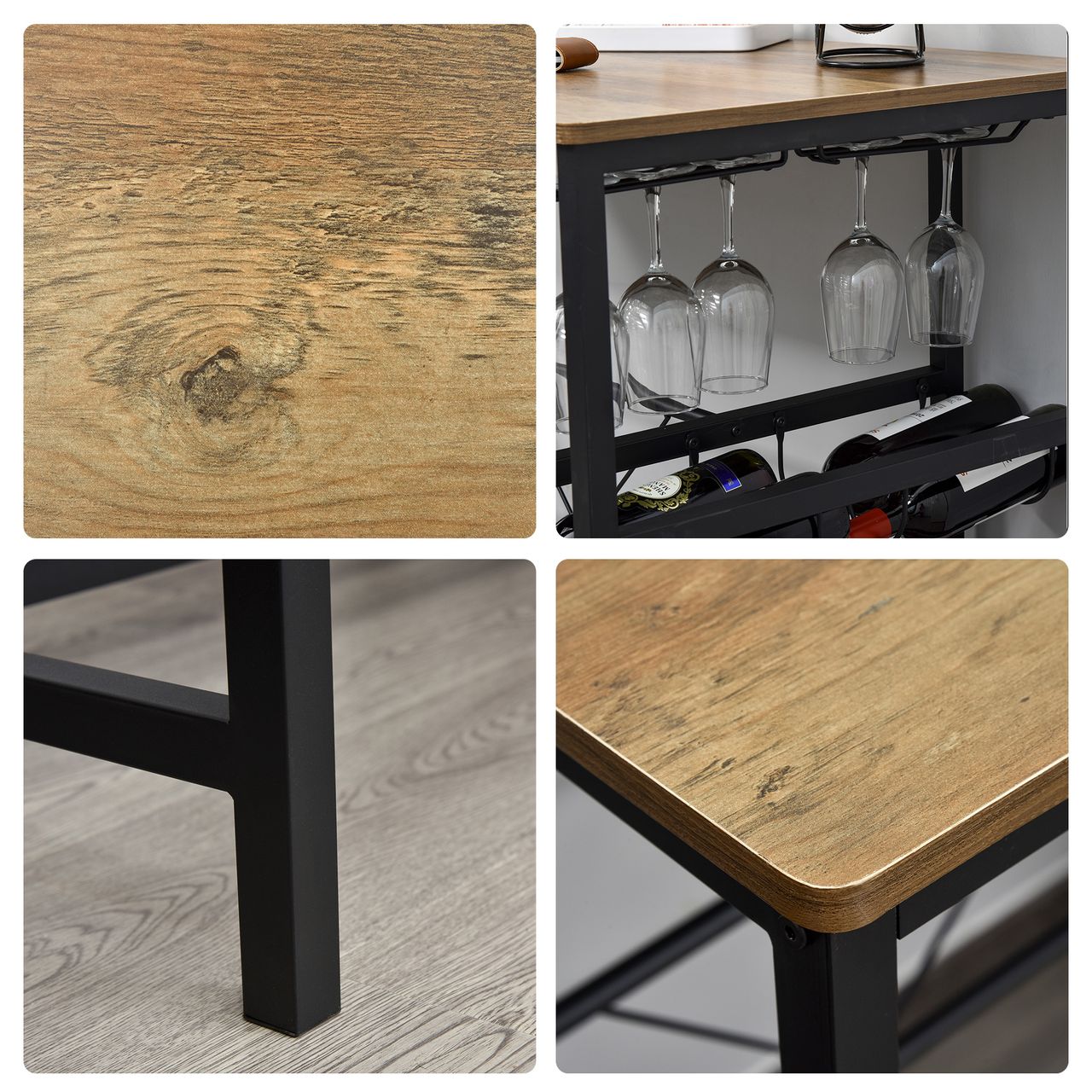 HOMCOM Bartisch-Set, Stehtisch mit 2 Barhockern, 3-teiliges Tischset Küchentresen mit Flaschenhalterung Spanplatte, Stahl, Natur Schwarz, 108 x 60x 95H cm