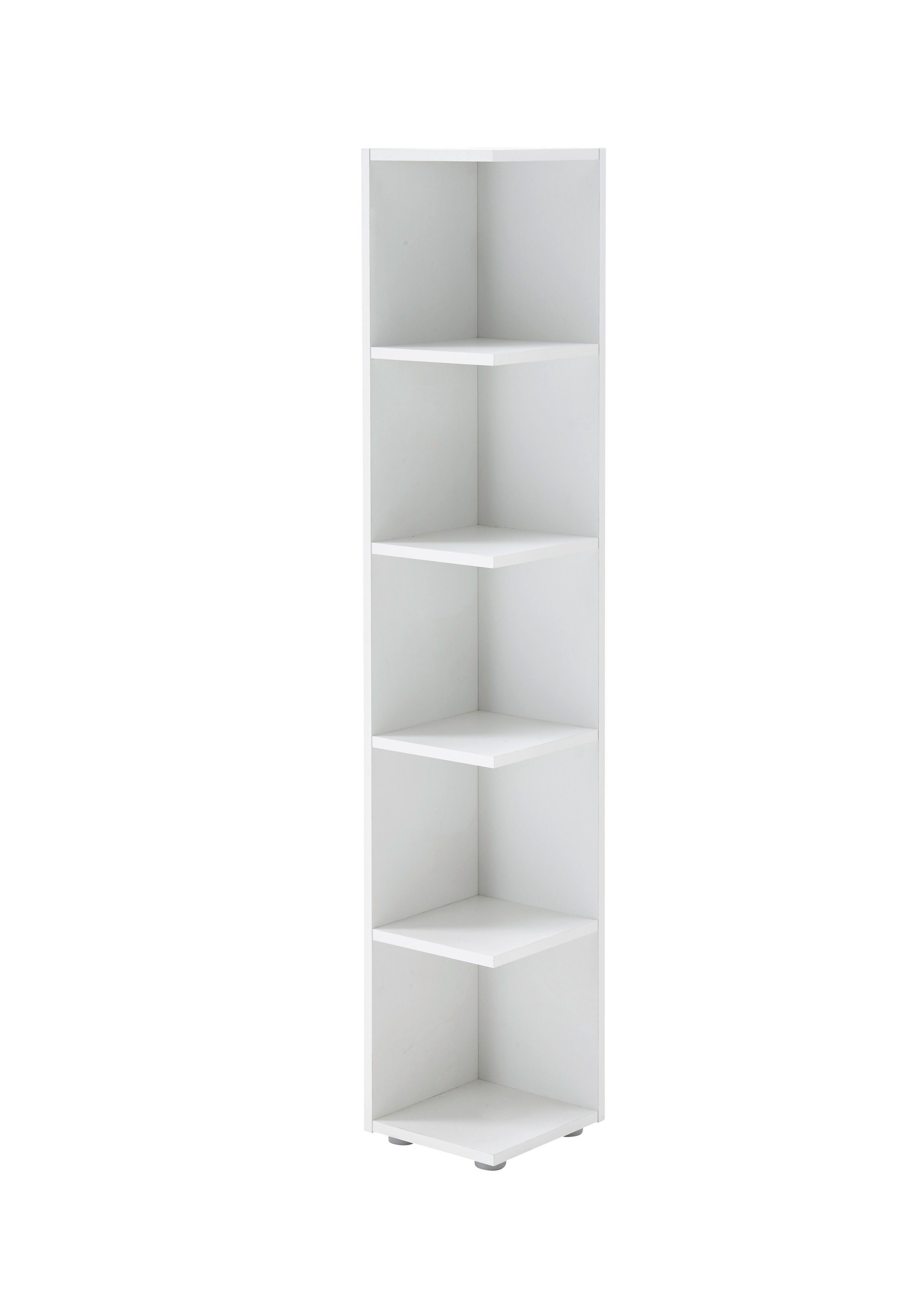 möbelando Eckregal Lasmos, Modernes Eckregal aus Spanplatte in Weiß mit 5 offenen Fächern. Breite 24 cm, Höhe 142 cm, Tiefe 26 cm
