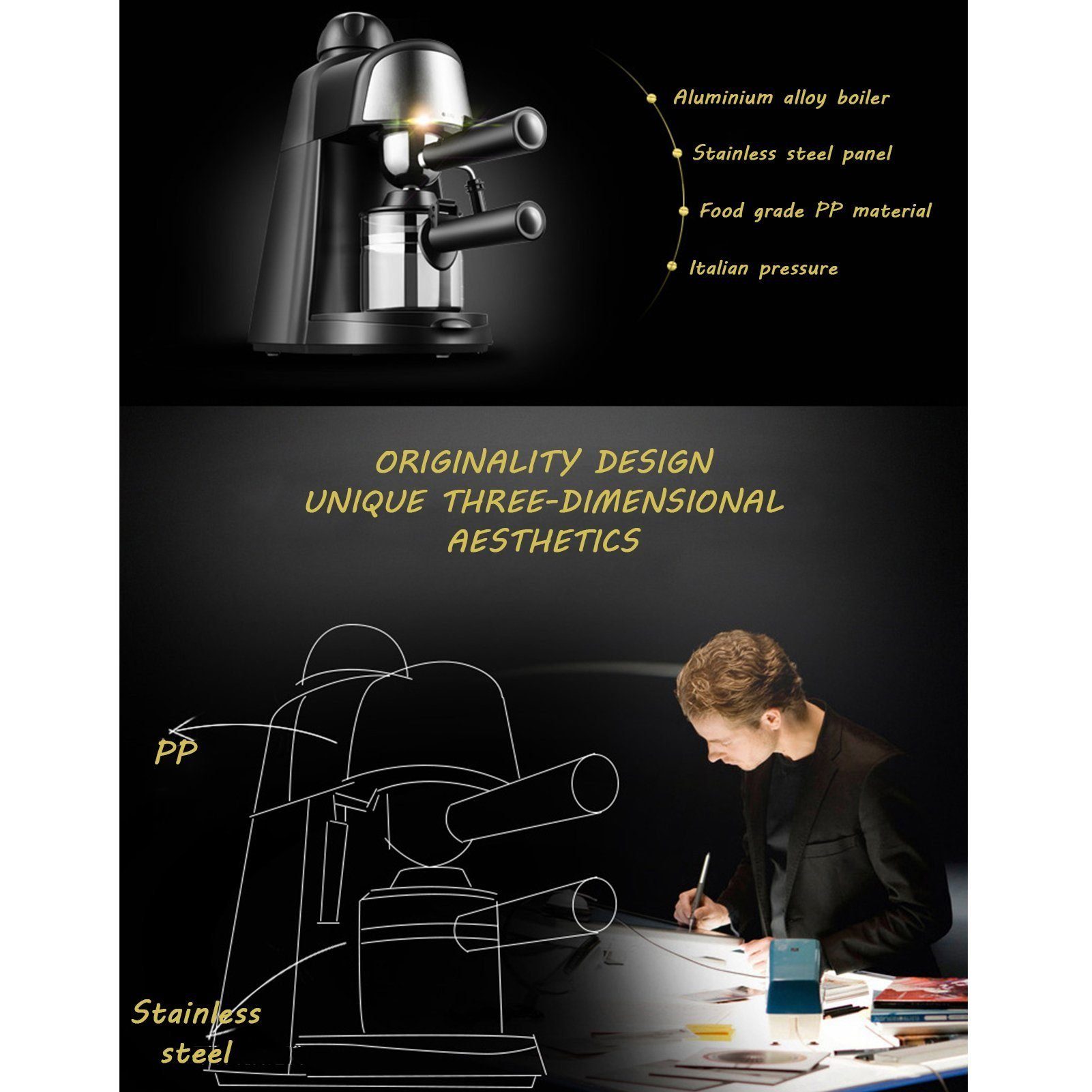 Mutoy Espressomaschine CM6810, kleine Kaffeemaschine mit Milchschäumer, für bis zu 4 Tassen Espresso, 800 W, 5 Bar
