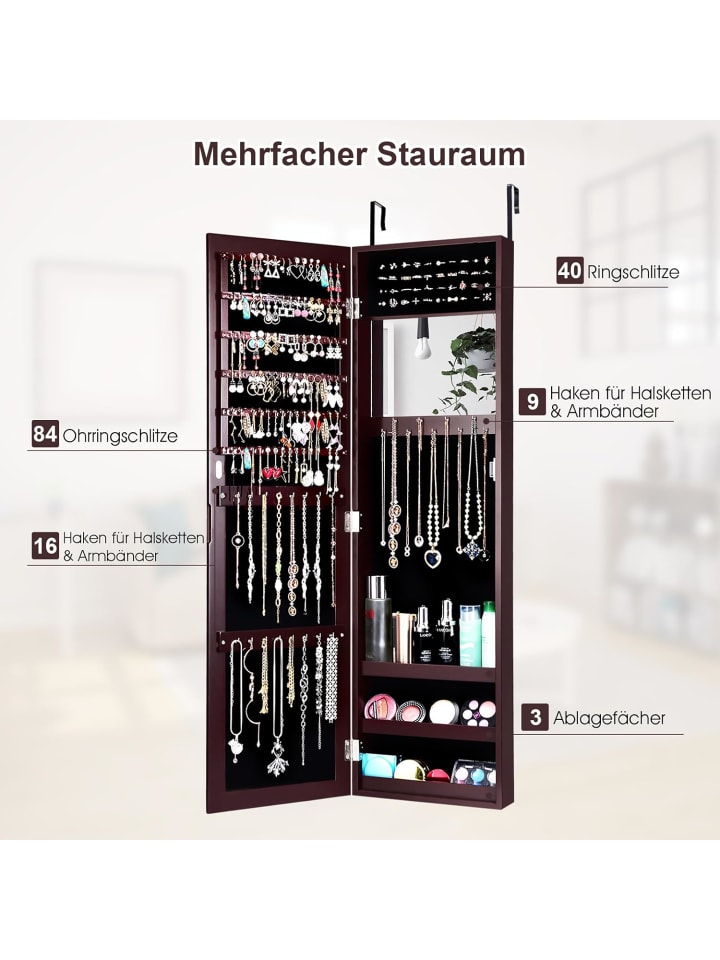 COSTWAY Schmuckschrank mit Spiegel in Braun günstig kaufen onesize