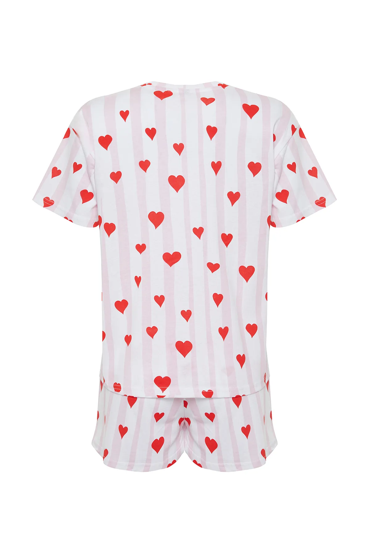 Trendyol Collection  Puder-mehrfarbiges Pyjama-Set aus 100 % Baumwolle mit Streifen und Herzenmuster THMSS24PT00073