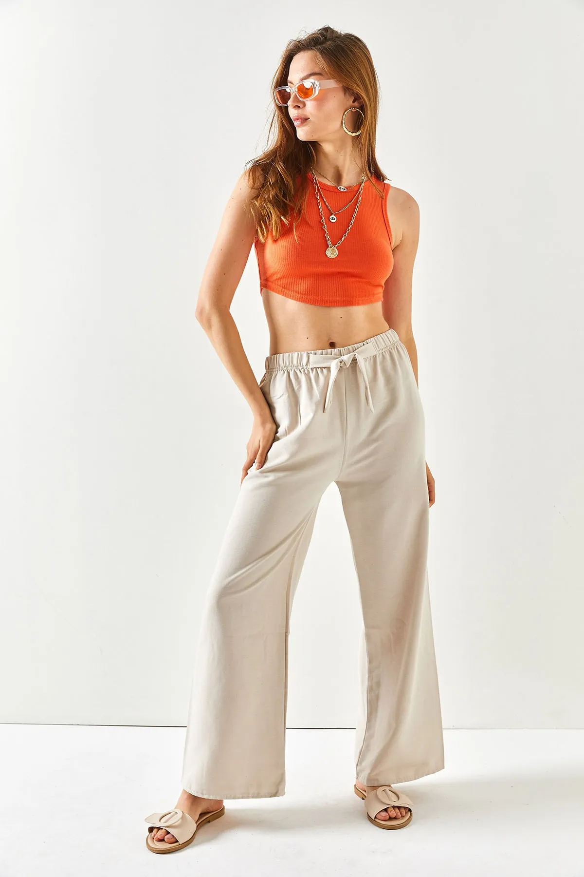 Olalook  Damen-Palazzo-Leinenhose mit elastischem Bund und Schnürung in Steinoptik PNT-19000219