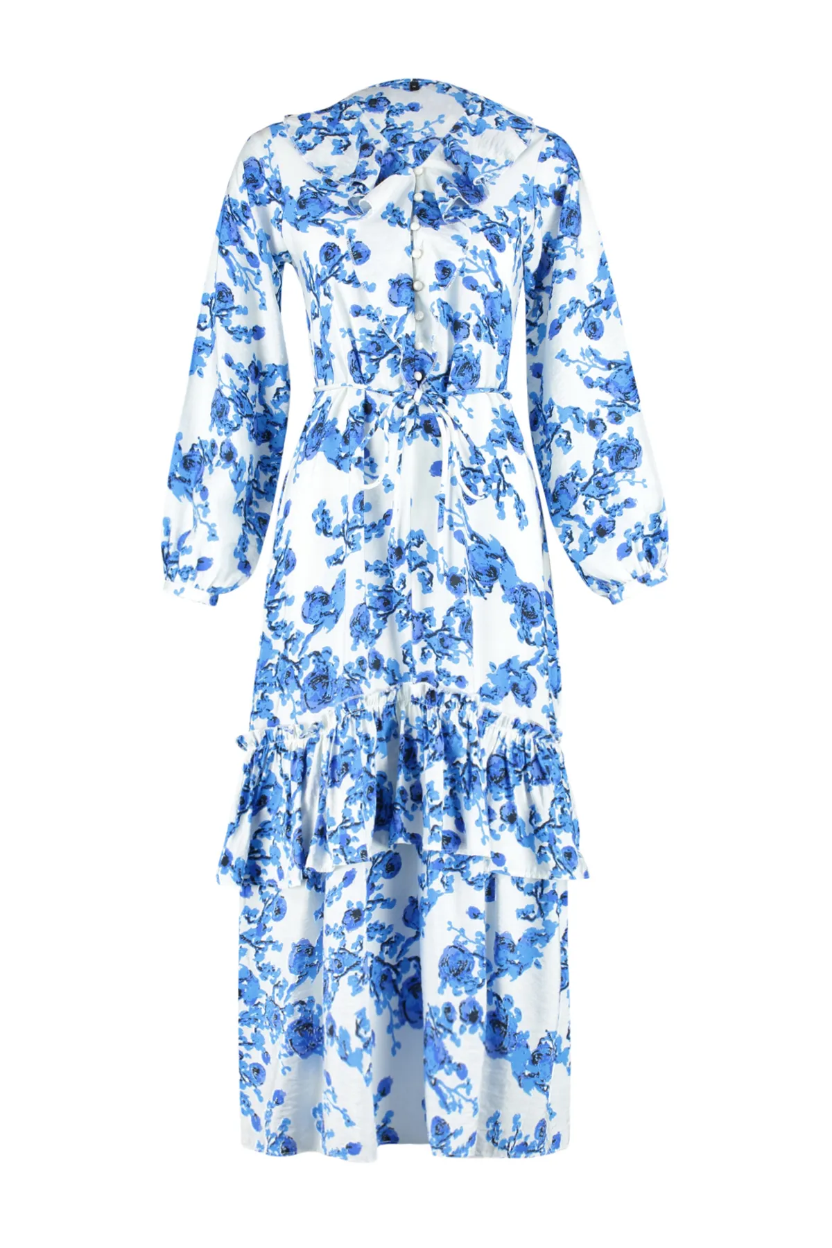 Trendyol Modest  Ecrufarbenes, gewebtes Kleid mit Blumenkragen und Rüschen TCTSS24EB00079