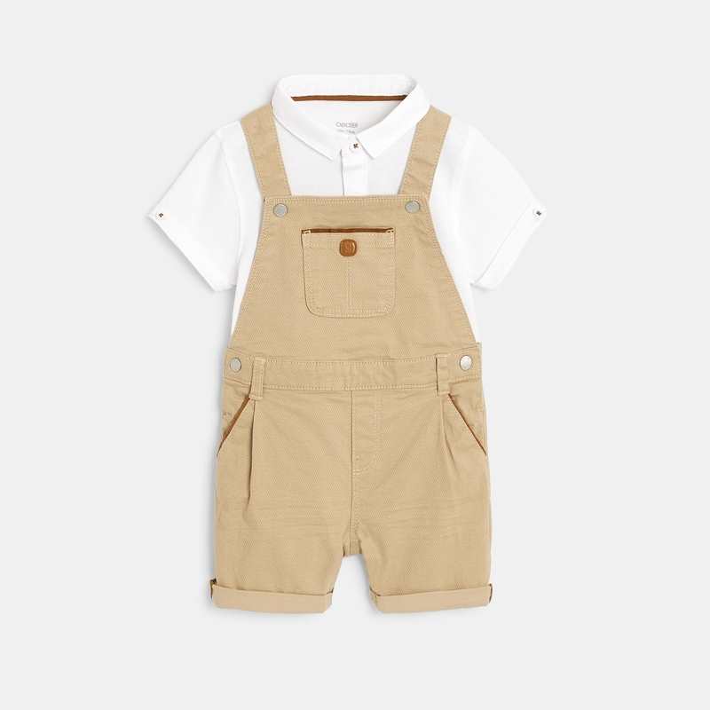 Ensemble salopette courte et polo beige bébé garçon