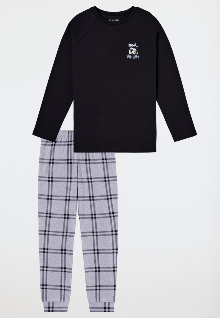 Schlafanzug lang Interlock Karos schwarz - Nightwear