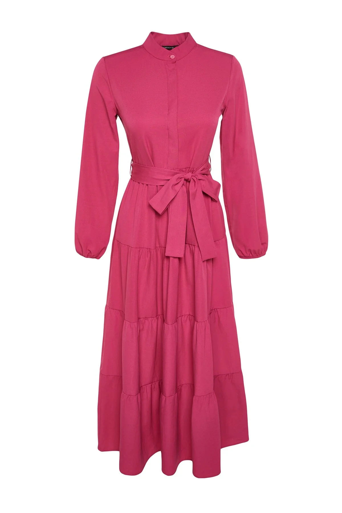 Trendyol Modest  Dunkelrosa gewebtes Kleid mit Gürtel, Chief-Kragen und Knopfdetail TCTSS21EL3343