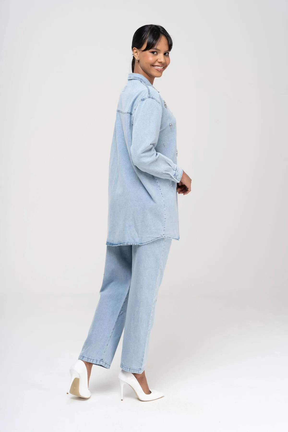 Olcay  Tuniği Jeansanzug mit Steinerbsen und Hose mit elastischer Taille BLAU 9225-TK