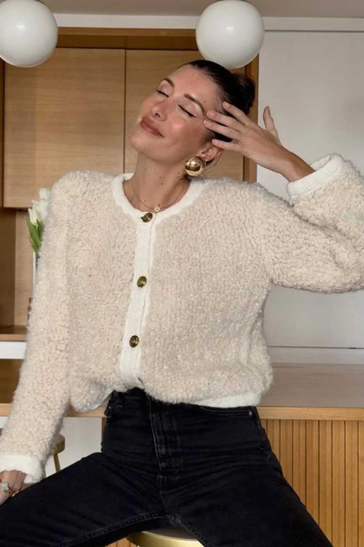 Madmext  Beige geknöpfte Bouclé-Strickjacke MG1949