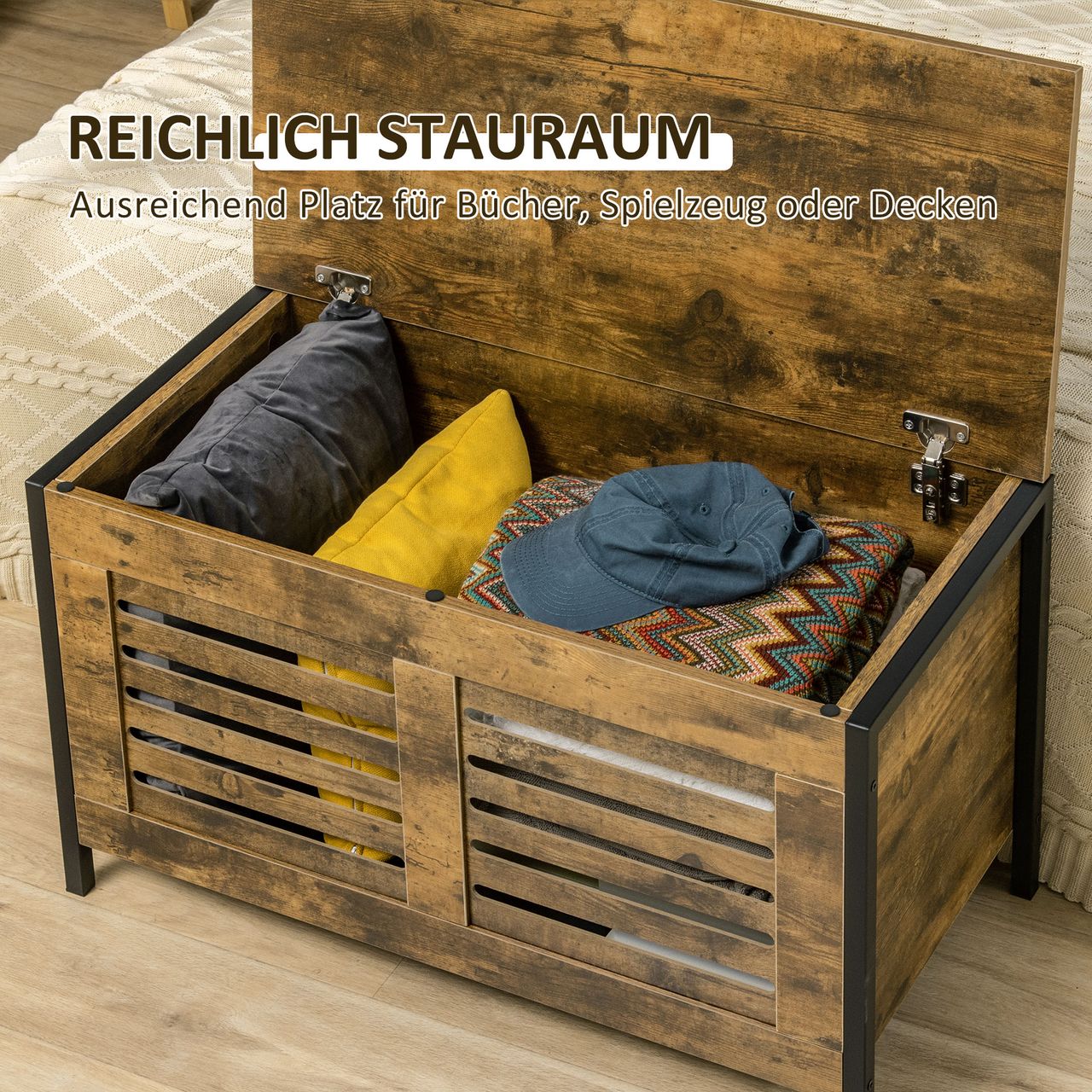 HOMCOM Sitztruhe, Sitzbank, Truhe, Aufbewahrungsbox, Auflagenbox mit Deckel