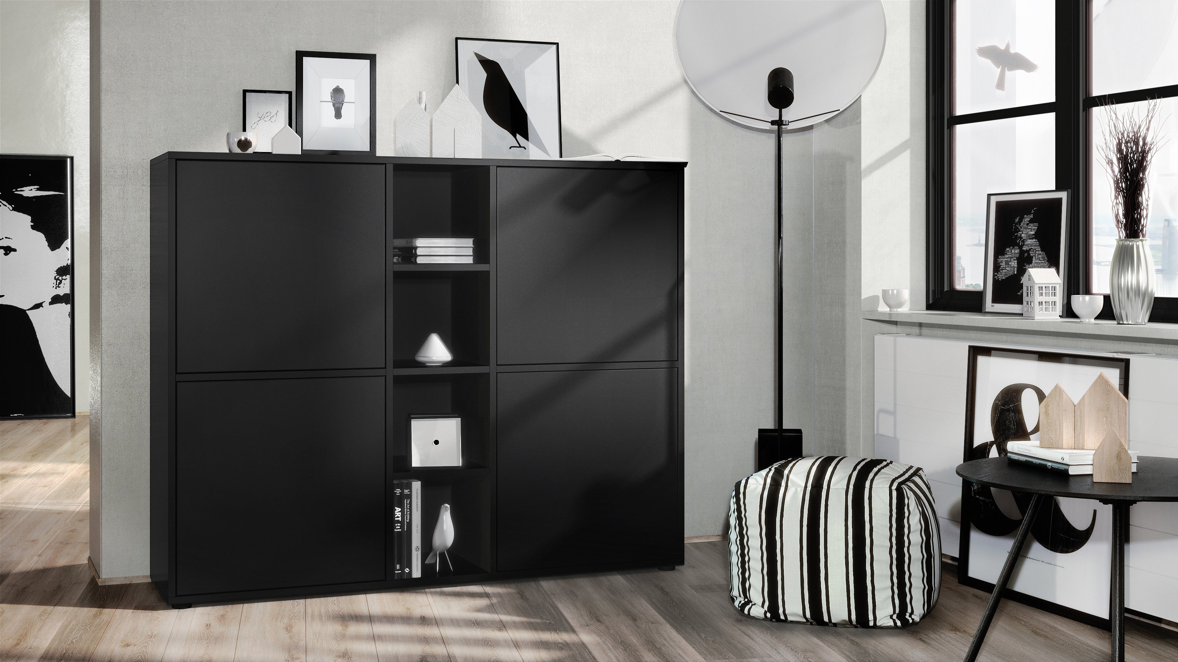 Vladon Highboard Cuba (Highboard, Schrank Anrichte Cuba V3 mit 12 Fächern), Korpus in Schwarz matt / Fronten in Schwarz matt (130,5x105,5x35,5 cm)