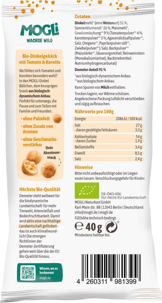Kindersnack Dinkel Bällchen Tomate und Karotte, 40 g