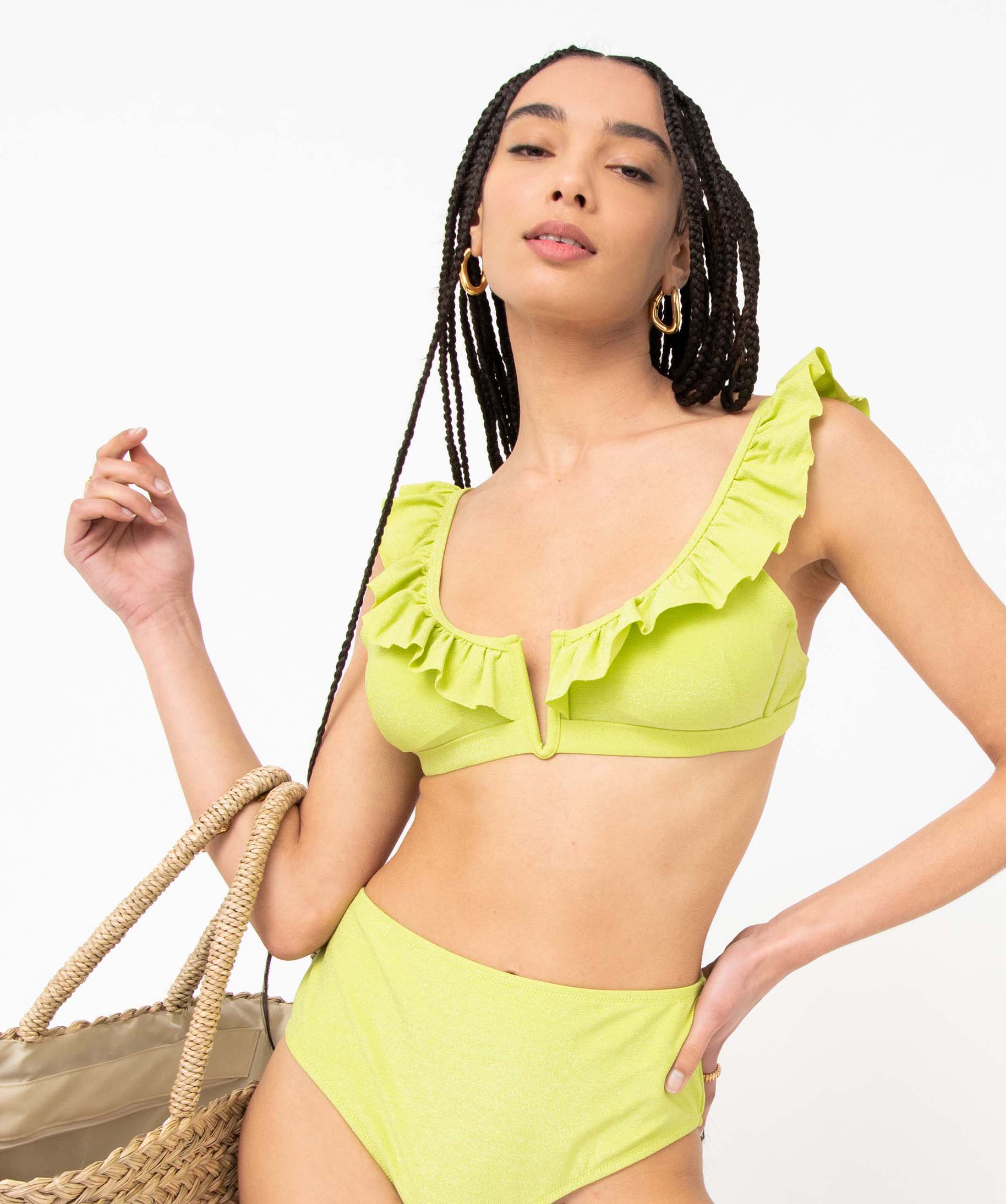 Haut de maillot de bain femme forme triangle à volant vert | GEMO