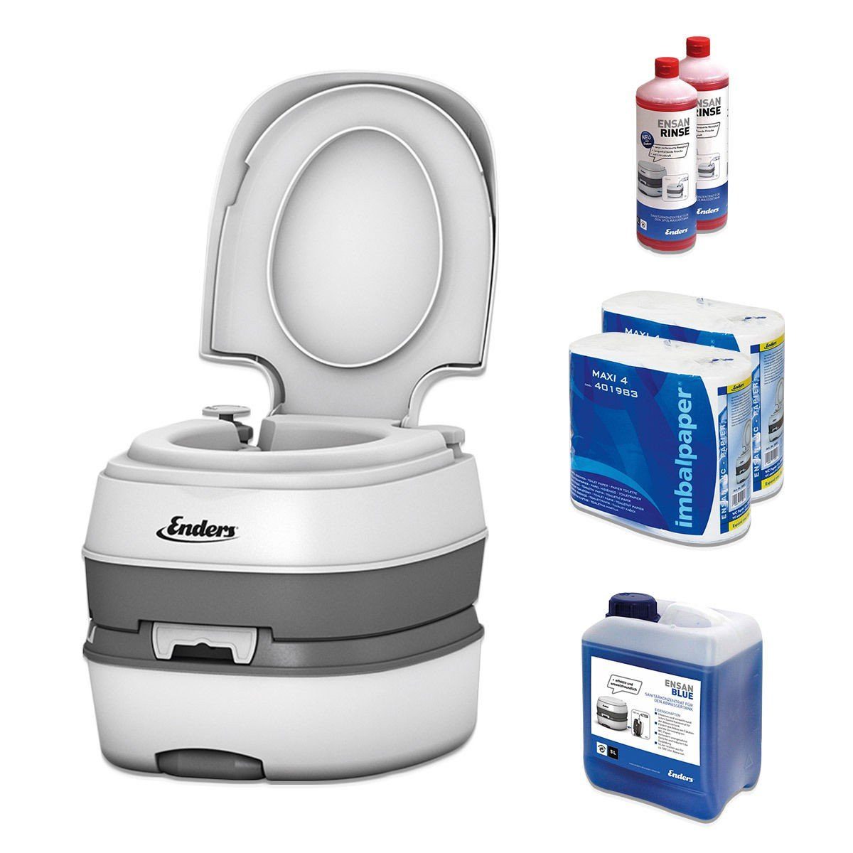 Enders® Campingtoilette Starter Set Blue XL Deluxe, (Spar-Set, inkl. 2L RINSE + 5L BLUE + 8 Rollen selbstauflösendes Toilettenpapier), Kolbenpumpe, farbige Füllstandsanzeige, integrierte Transportrolle