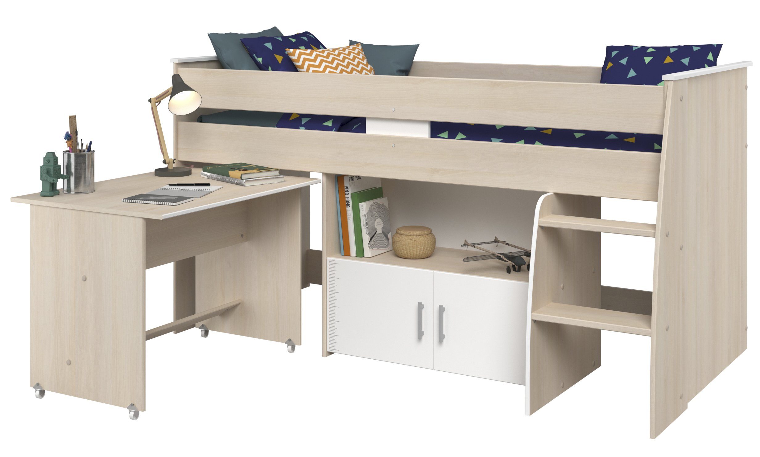 Parisot Jugendzimmer-Set Charly, (Komplett Set, 1-St., in verschiedenen Zusammenstellungen wählbar), Hochbett mit Schreibtisch