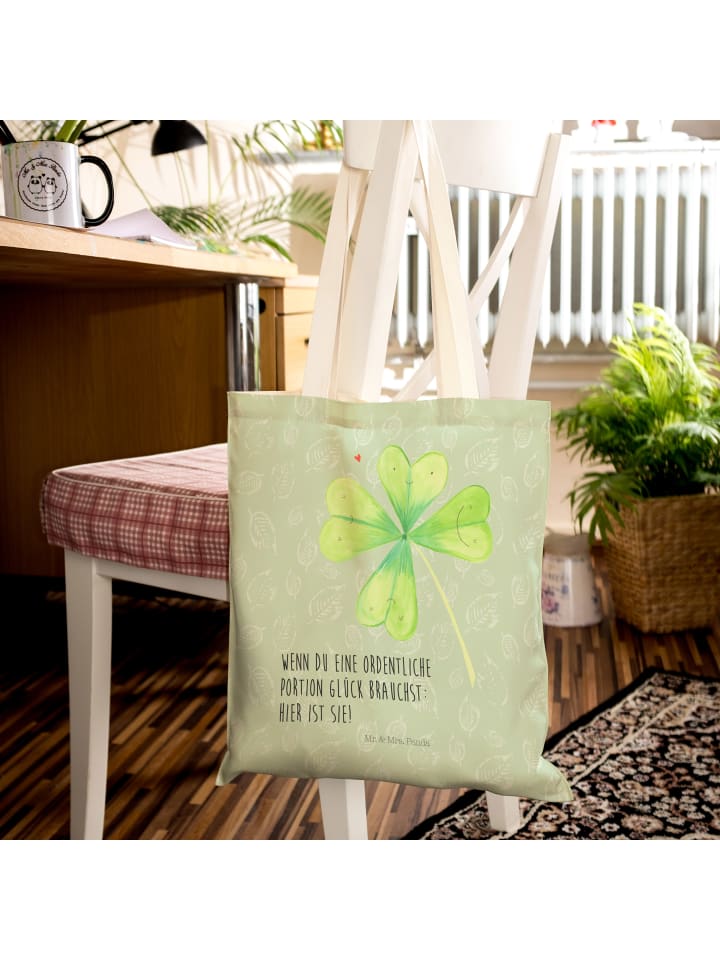 Mr. & Mrs. Panda Einkaufstasche Blume Kleeblatt mit Spruch in Blattgrün günstig kaufen onesize