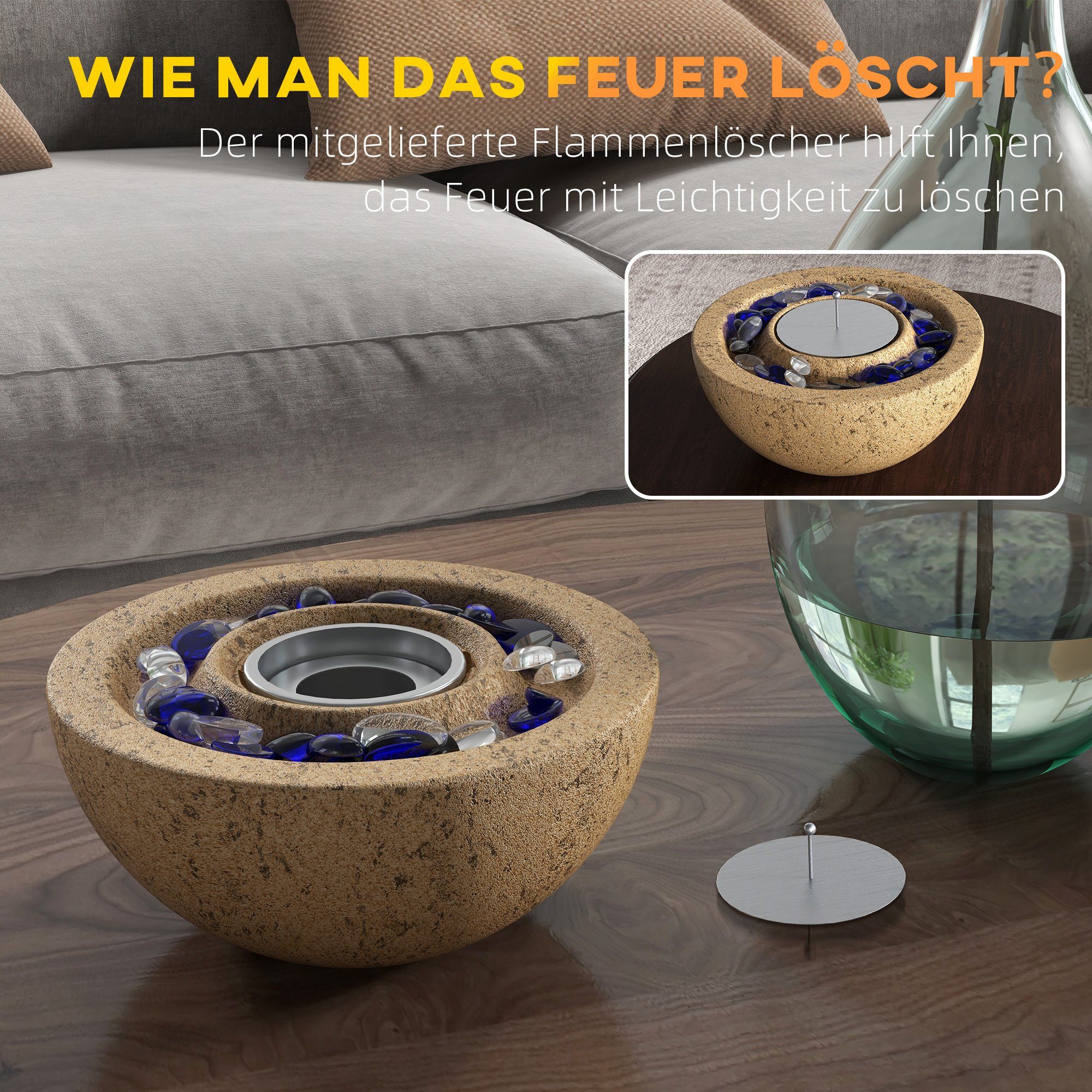 HOMCOM Echtfeuer-Dekokamin 0,4L Tischfeuer mit Feuerdeckel, Ethanol-Feuerschale mit Steinoptik (Ethanol Kamin, 1-St., Tischkamin), für bis 10 m² Wirkungsbereich, Gelb