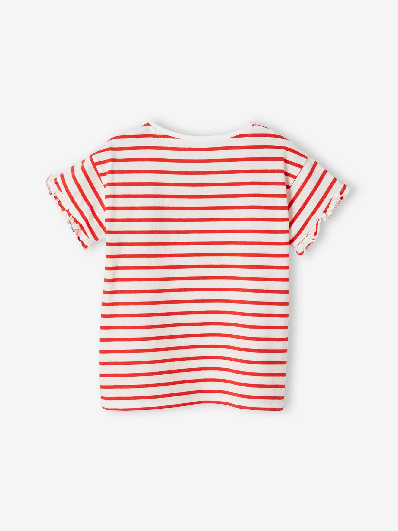 Vertbaudet Mädchen T-Shirt mit Paillettenherz - blau gestreift