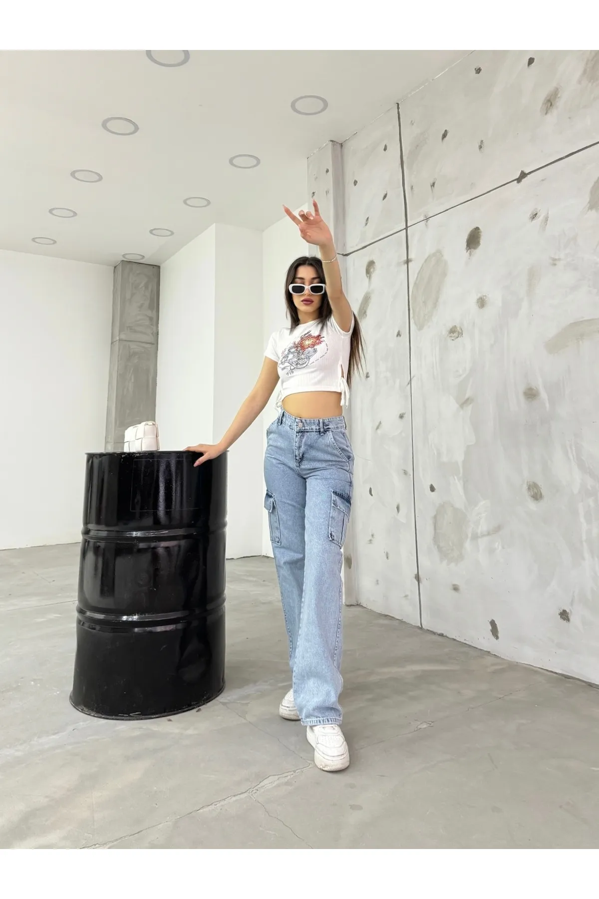 BİKELİFE  Hellblaue Cargohose mit hoher Taille und weitem Bein für Damen