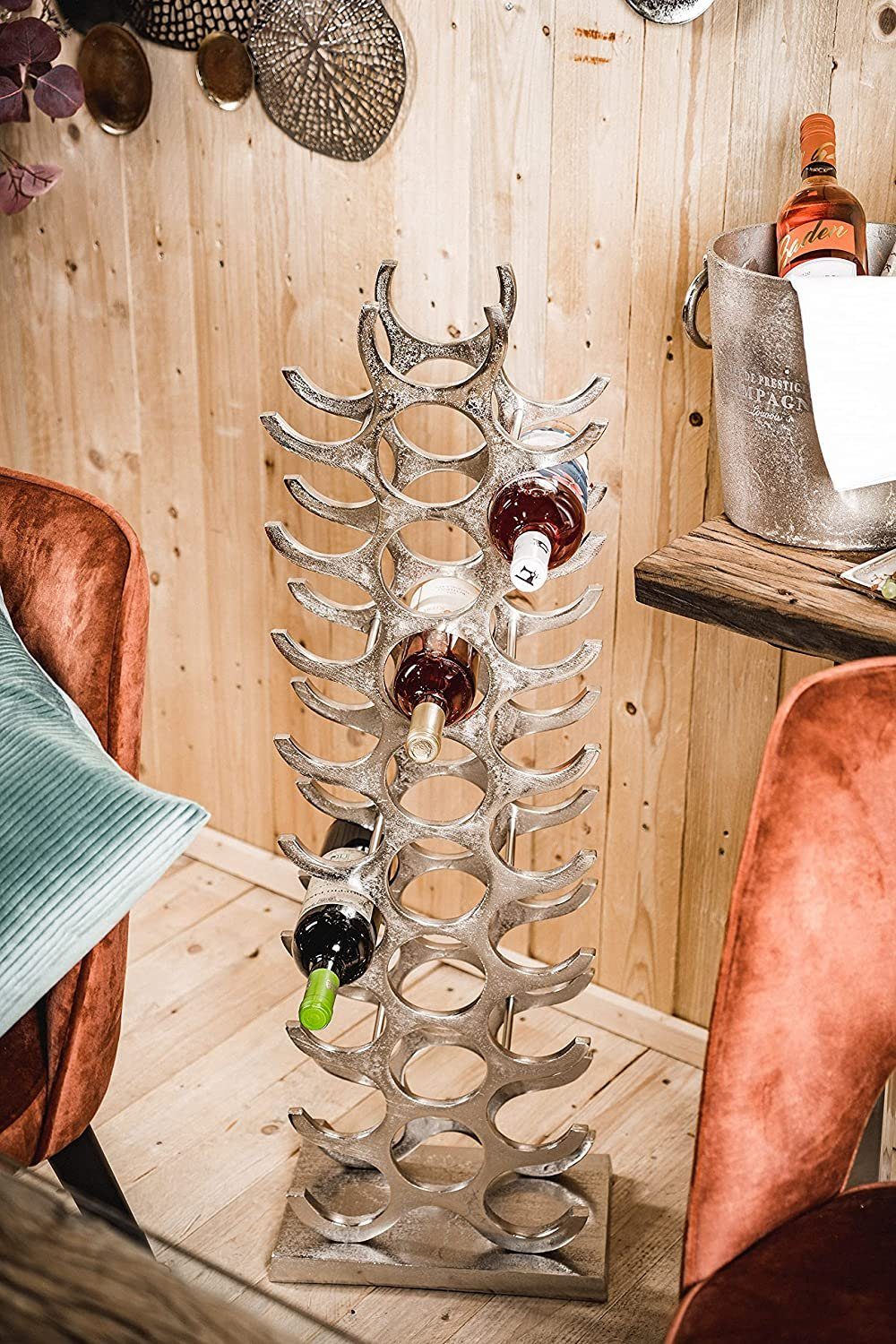 MichaelNoll Weinregal Weinregal Flaschenregal Flasche Aluminium Silber Luxus - Weinständer, Regal Modern aus Metall Raw - Flaschenhalter / Flaschenständer für Flaschen Sekt, Wein und Champagner - 101 cm XXL
