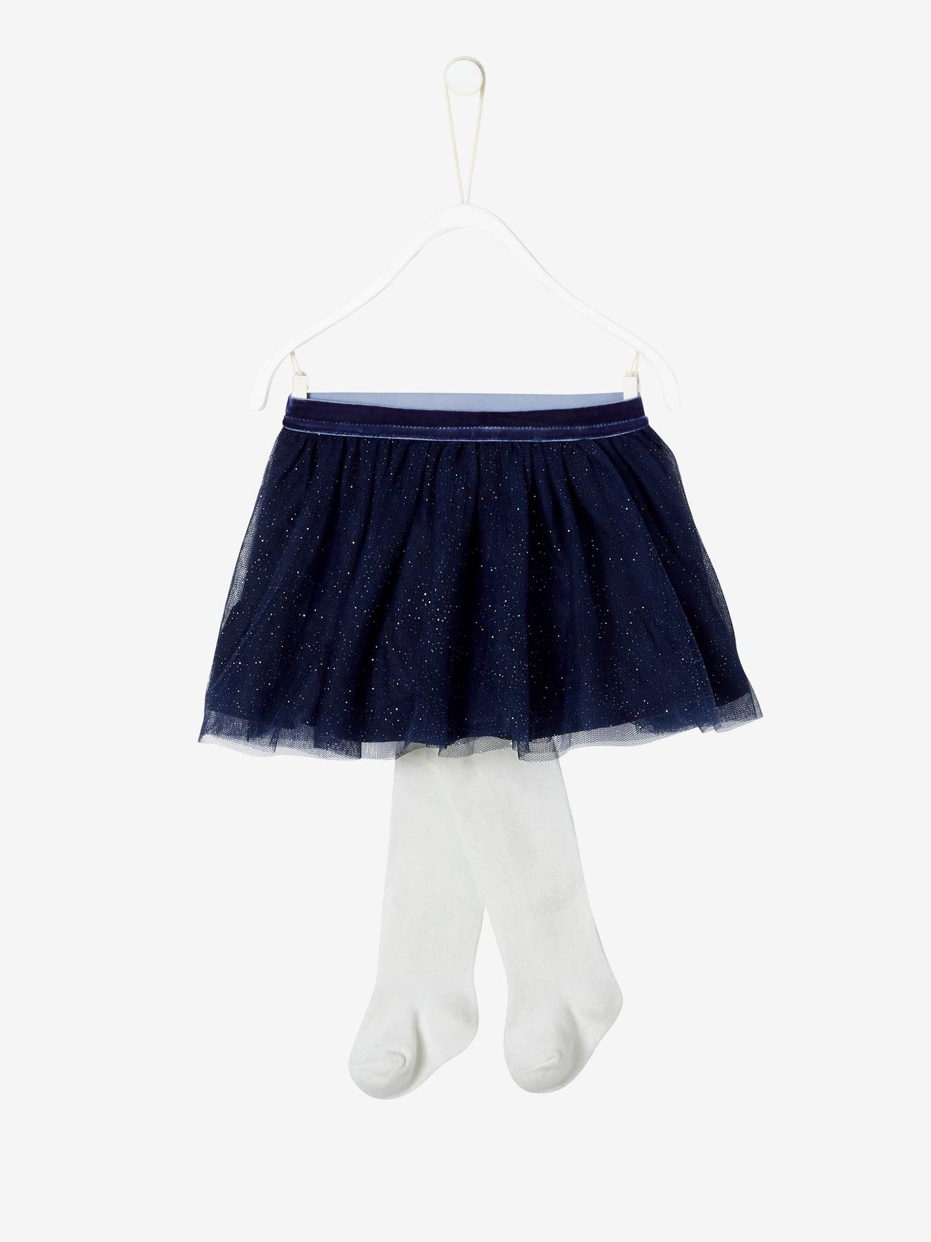 Ensemble jupe de fête en tulle pailleté et collant bébé bleu indigo
