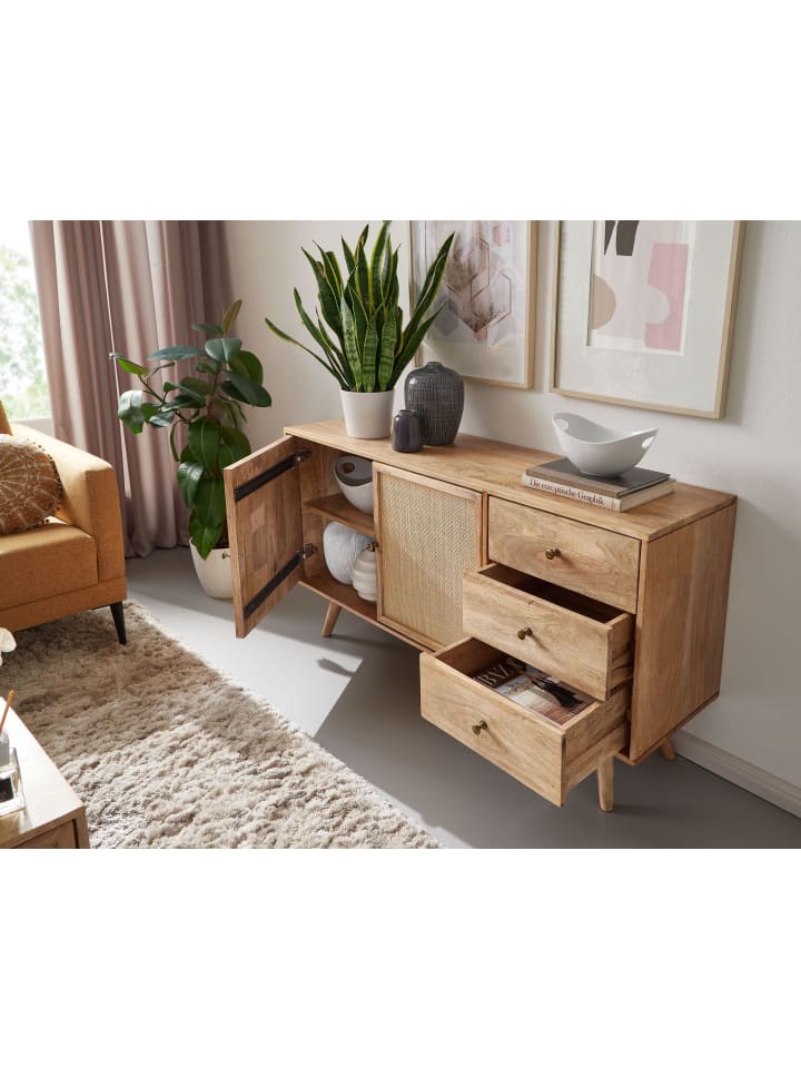 KADIMA DESIGN Design Sideboard 140x75x40 cm Mango Massivholz / Rattan, Kommode 3 günstig kaufen onesize