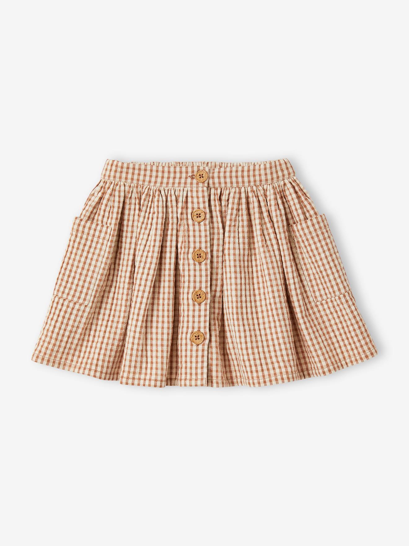 Jupe boutonnée à carreaux vichy carreaux marron