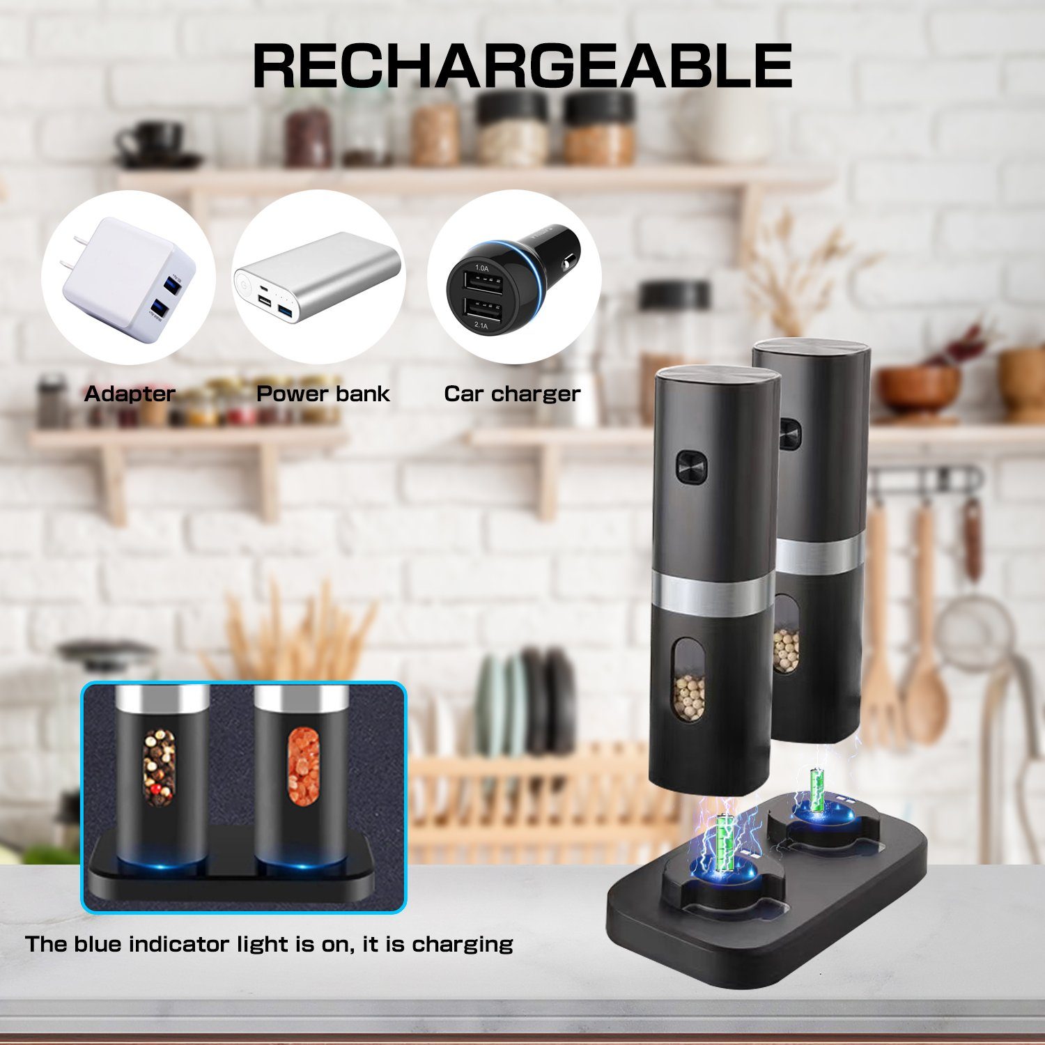 Tisoutec Salz-/Pfeffermühle Salz und Pfeffermühle Salzmühle 2er Set Elektrisch USB Aufladbar Gewürzmühle mit Keramikmahlwerk,Adjustable Gewürzmühle mit Wiederaufladbare Batterie und LED Indikator,Chilimühle Grinder