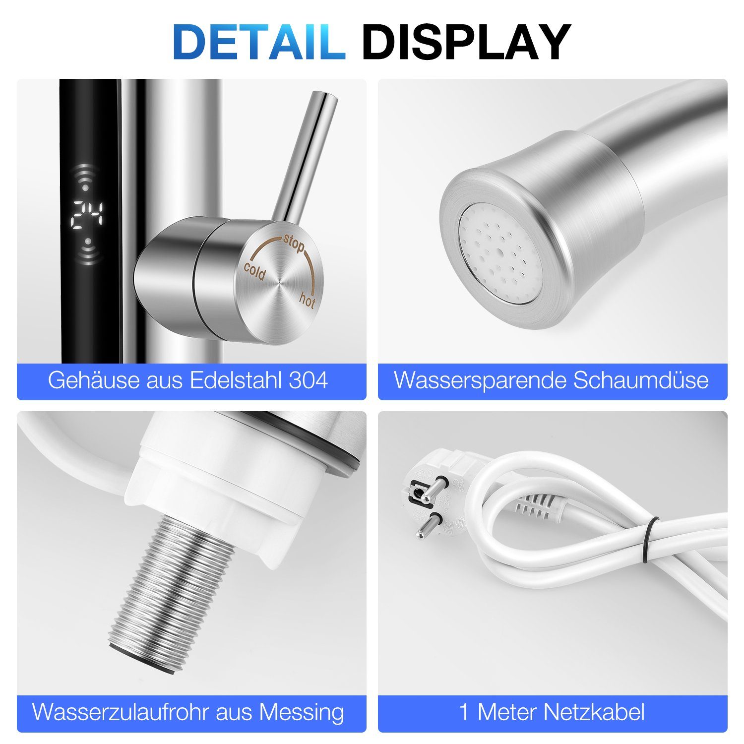 iscooter Klein-Durchlauferhitzer Elektrische Wasserhahn Edelstahl Armatur 360 ° Schwenkbar, Sofortiger Warmwasserbereiter Heater-LED Temperaturanzeige, IPX4