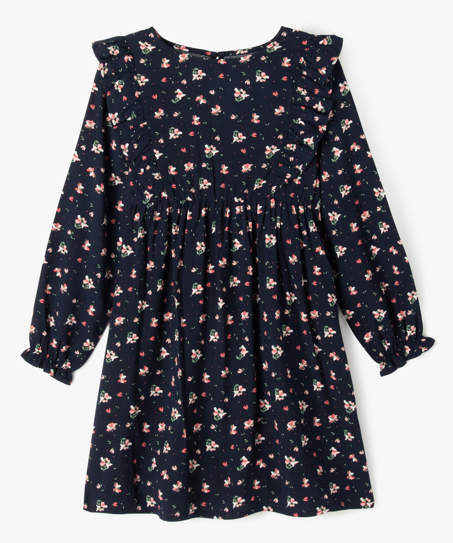 Robe fleurie à manches longues et volants fille marine | GEMO