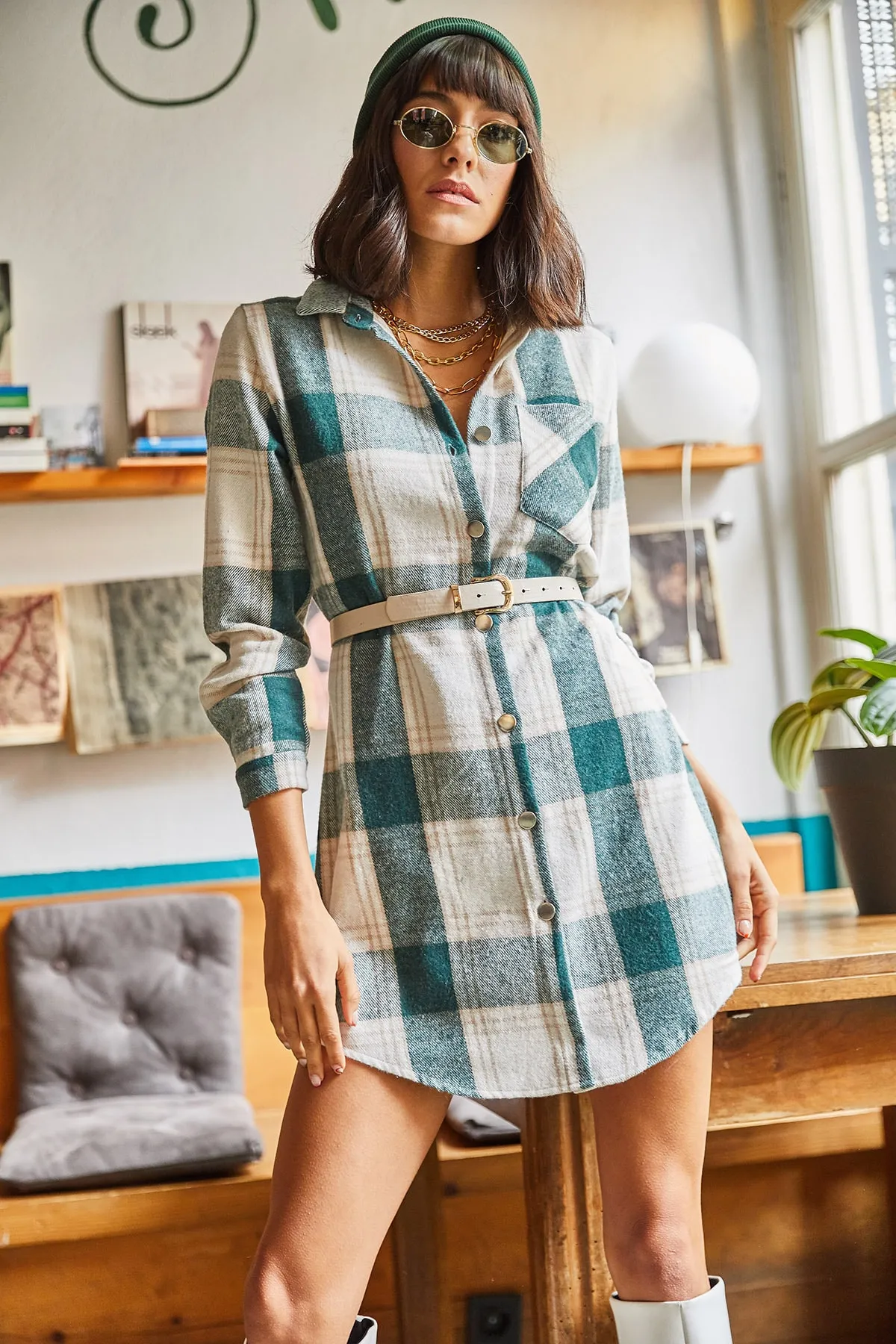 Olalook  Grünes Lumberjack-Tunikakleid mit dickem Karomuster für Damen ELB-19000836