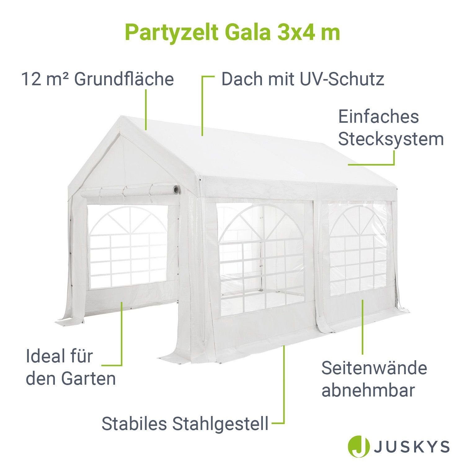 Juskys Partyzelt Gala 3x4 m, groß, stabil und standfest mit einfachem Klick-System