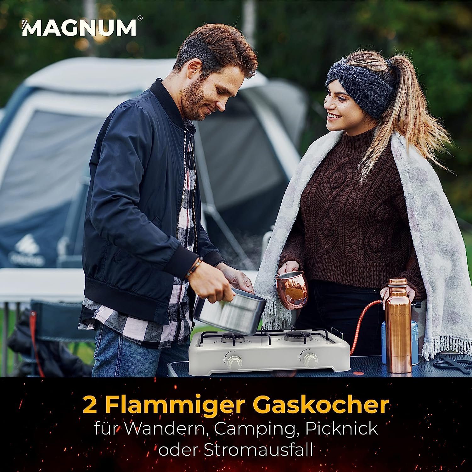Magnum Wave Gaskocher 2-flammig inkl. Gasschlauch Robuster Campingkocher, Camping Gasgrill für Indoor und Outdoor Tischgrill