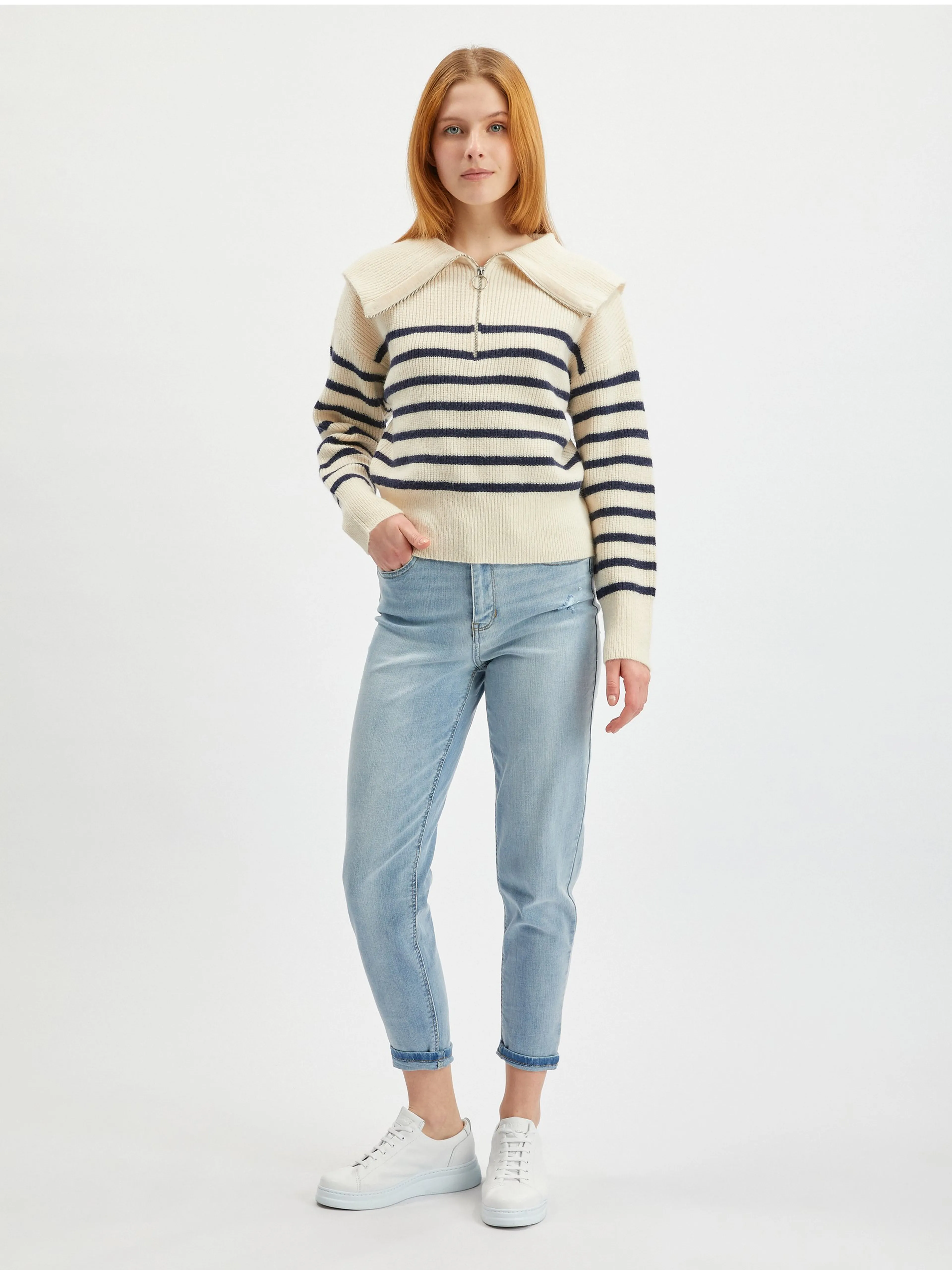 Cremefarbener gestreifter Damen-Pullover ORSAY