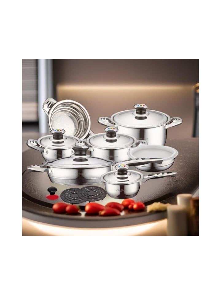 COFI 1453 Cheffinger 16-Teilig Kochtopf Set Kochtöpfe Topf Kochtopfset Edelstahl in Grau günstig kaufen onesize
