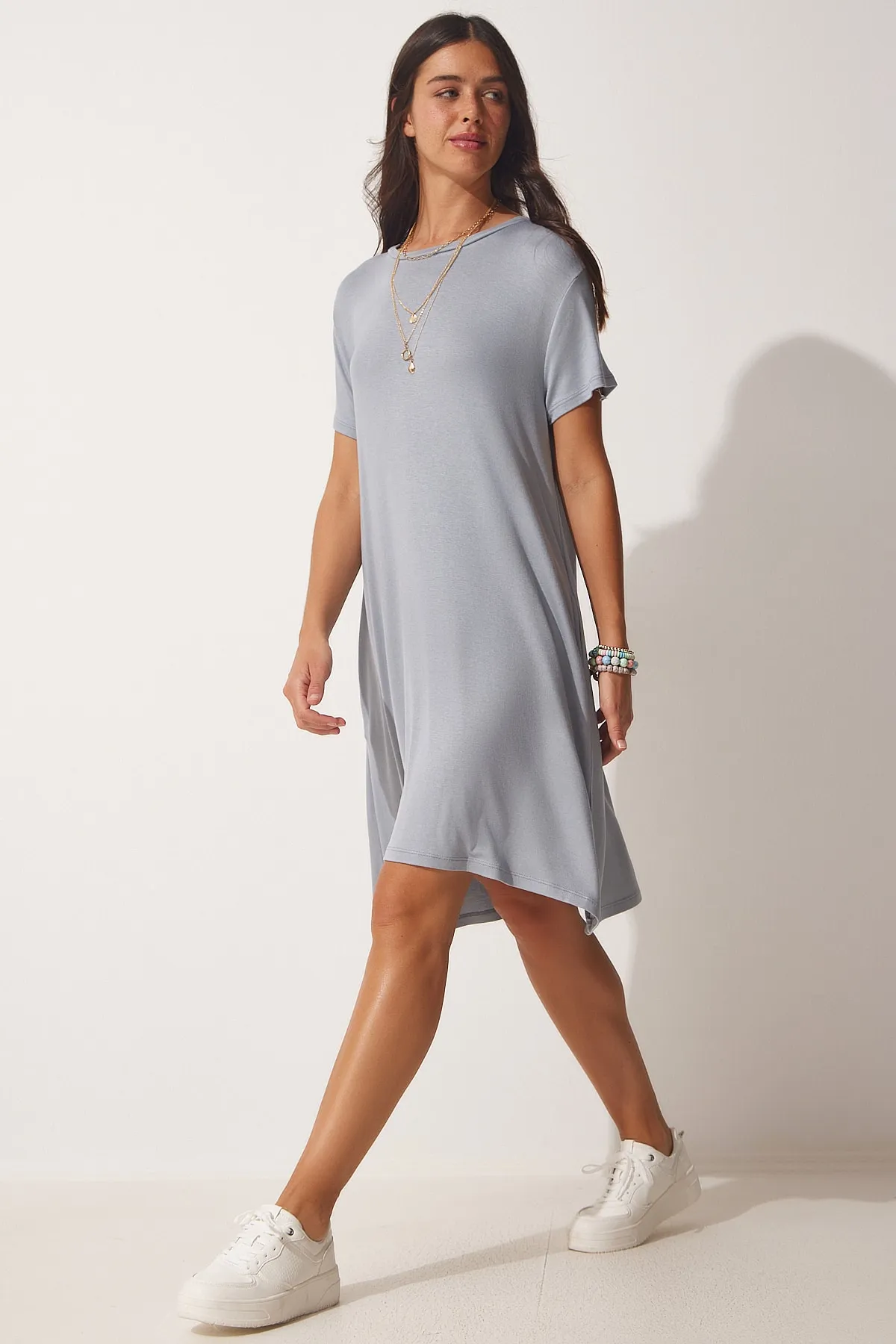 Happiness İstanbul  Steingraues A-Linien-Sommerkleid für Damen aus gekämmter Baumwolle UB00088