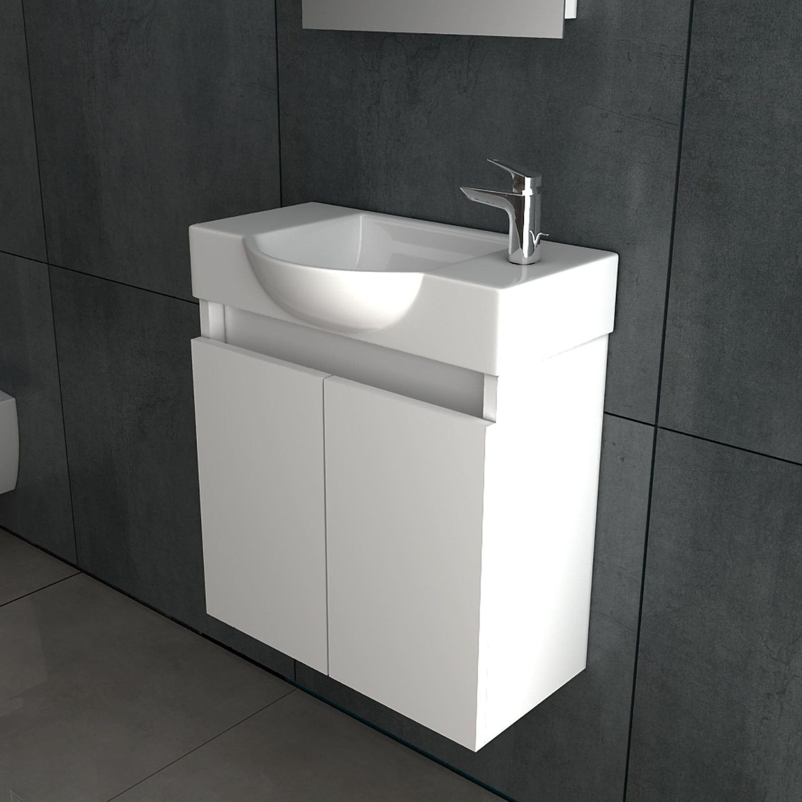 Alpenberger Waschbecken Badmöbel SET 55 cm Breit - Waschtisch mit Unterschrank in Weiß (Komplett-Set Vormontiert für Gäste WC & Bad, 2-St., 2-tlg. Stauraum Schrank), Soft-Close Schrank 2-türig, pflegeleichtes Keramik Becken