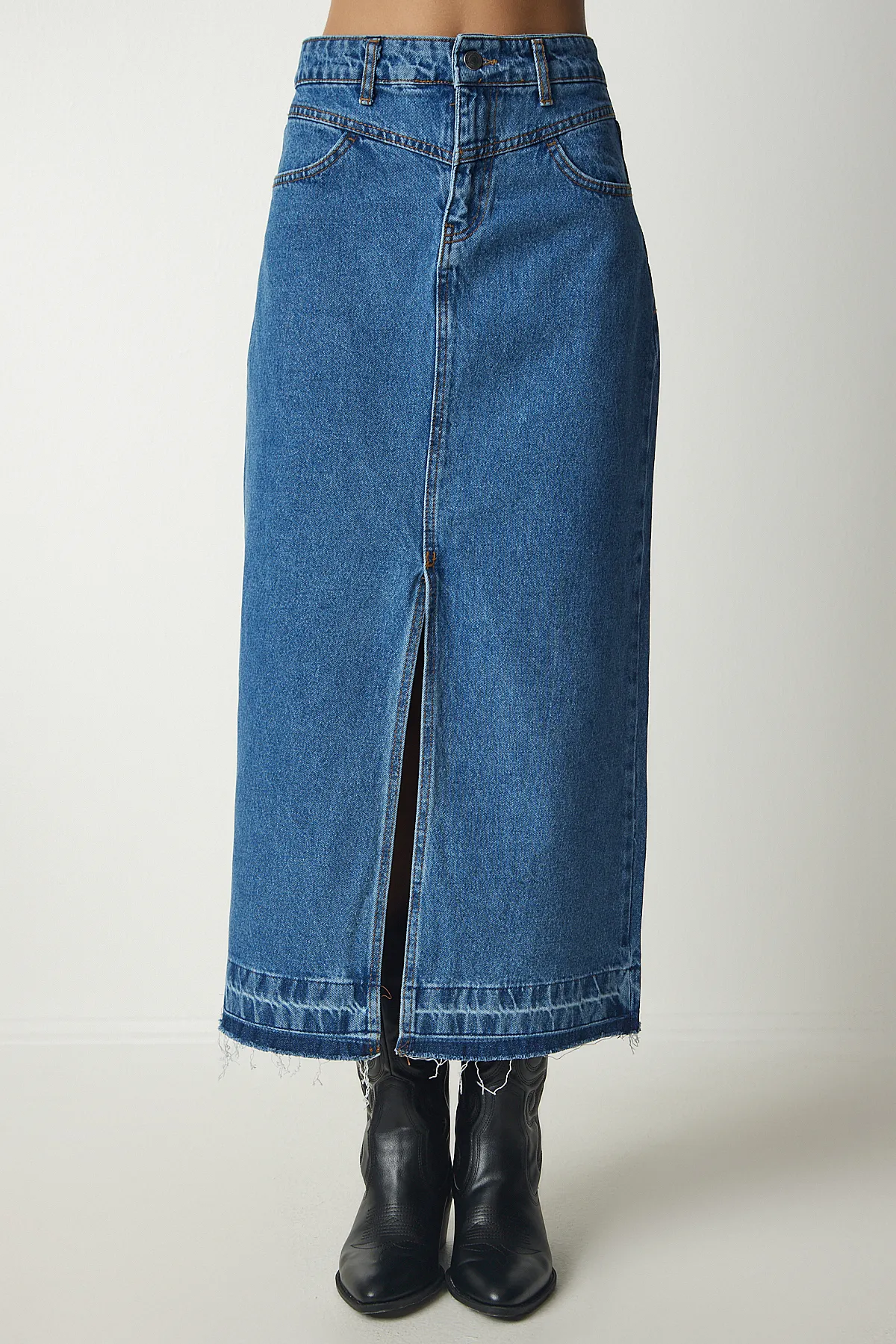 Happiness İstanbul  Blauer Jeansrock mit Schlitz und Quasten für Damen OK00060