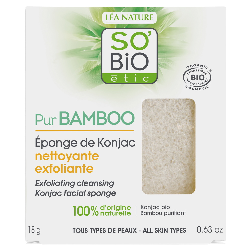 LÉA NATURE SO BiO étic Éponge de Konjac nettoyante exfoliante,tous types de peaux, Pur Bamboo Eponge