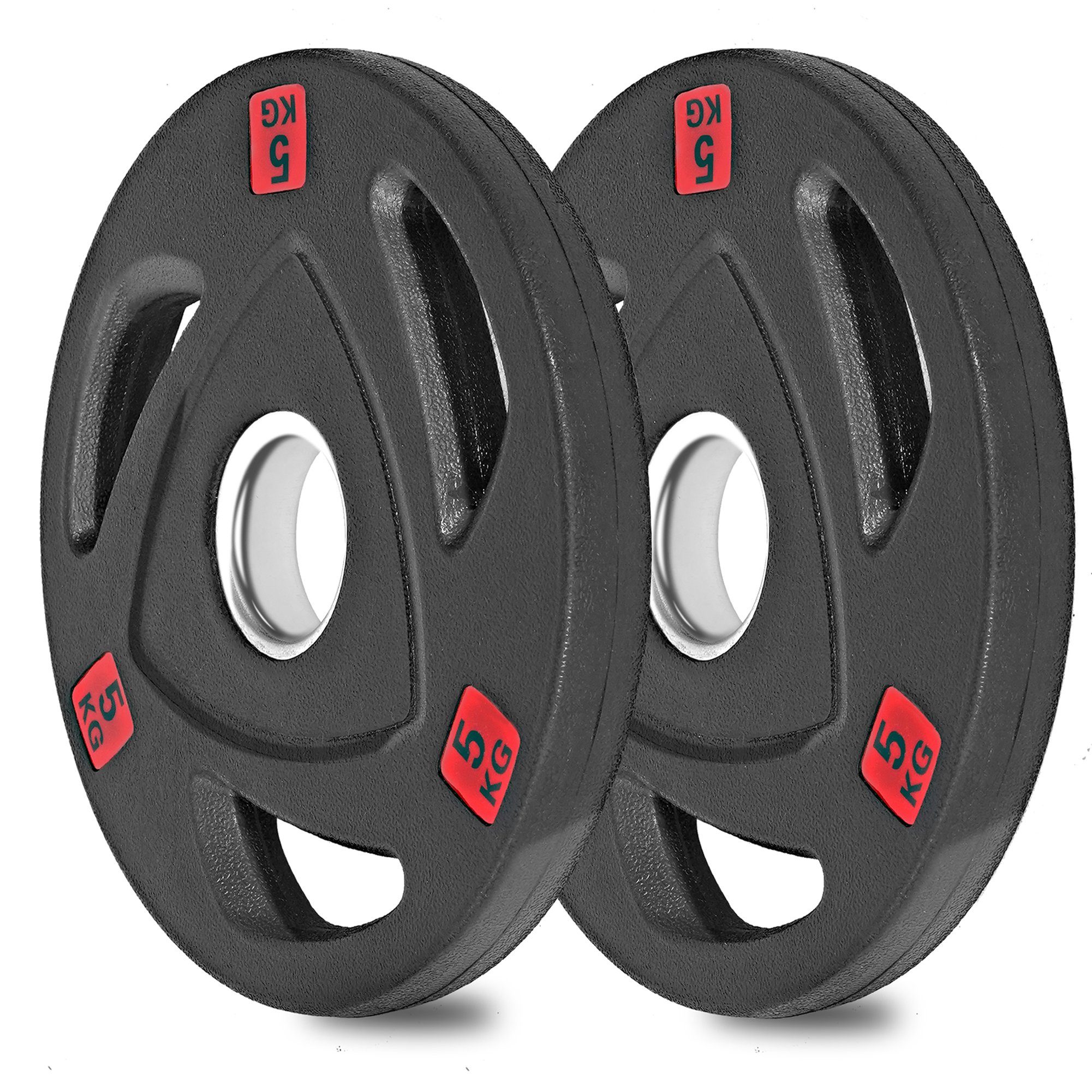 wuuhoo Hantelscheibe Olympische Hantelscheiben Ray 50mm, 2er Set I Weight Plates gummiert mit Stahlkern I Langhantelgewichte mit Griffen und Stahlbuchse I schwarz mit Gewichtsangabe