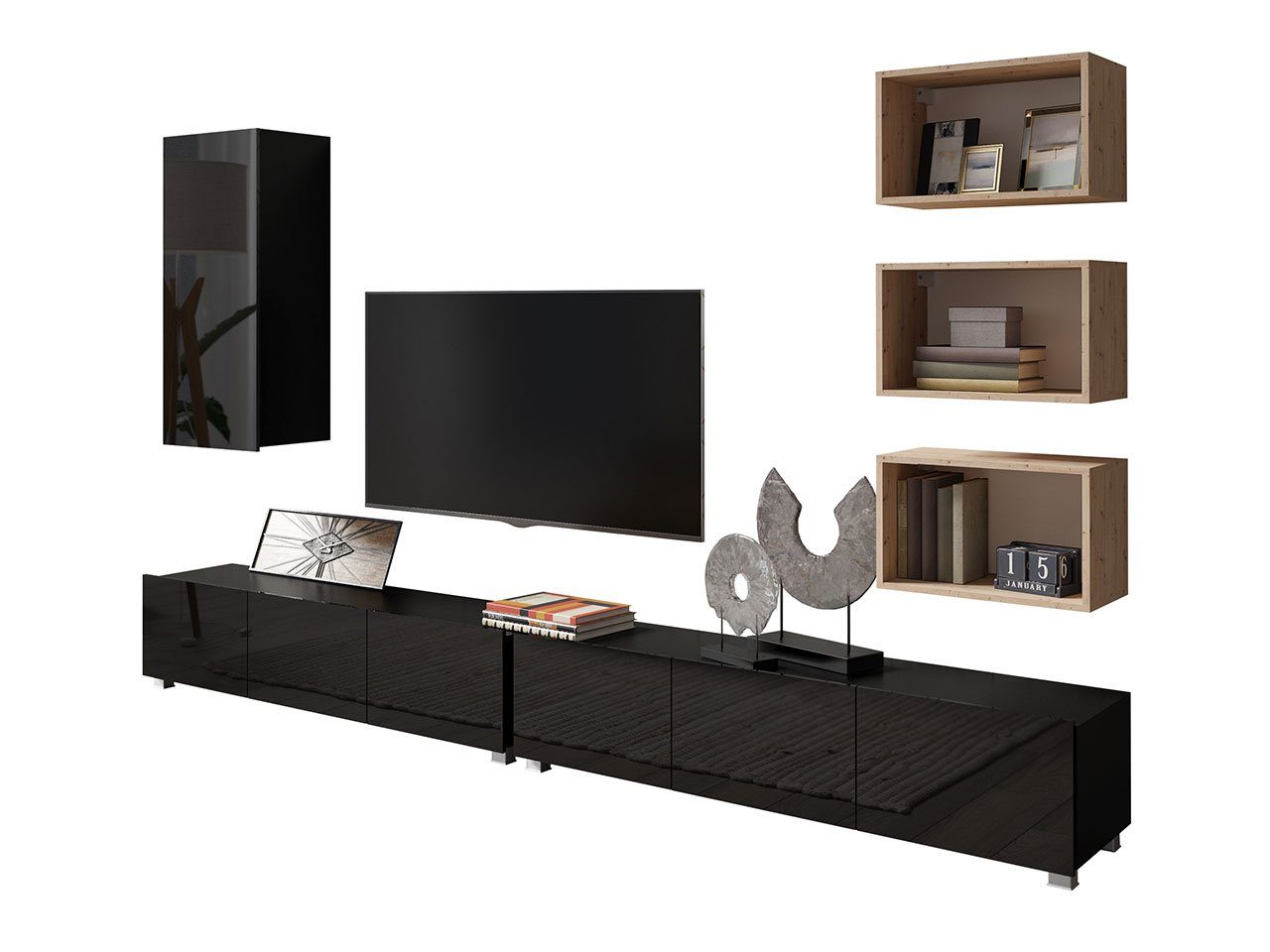 Mirjan24 Wohnwand Calabrini XXXVI, (6er-Set, 2x TV-Lowboard, Hängeschrank, 3x Wandregal), ohne Griffe